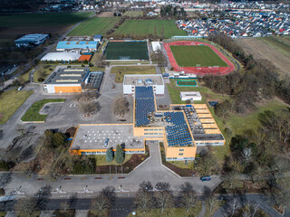 Mittelrhein Gymnasium Muehlheim Kaerlich School federal aerial panoramic view near koblenz city in...