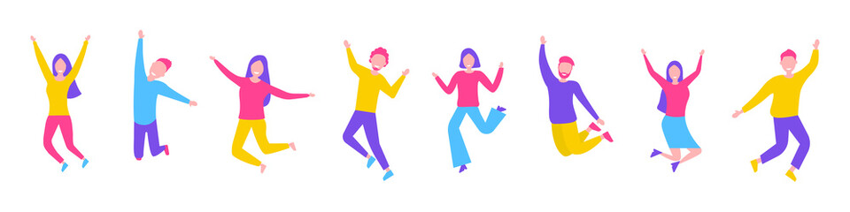 Happy group of people jumping. A team of people celebrating victory and success. Flat style. Vector illustration.