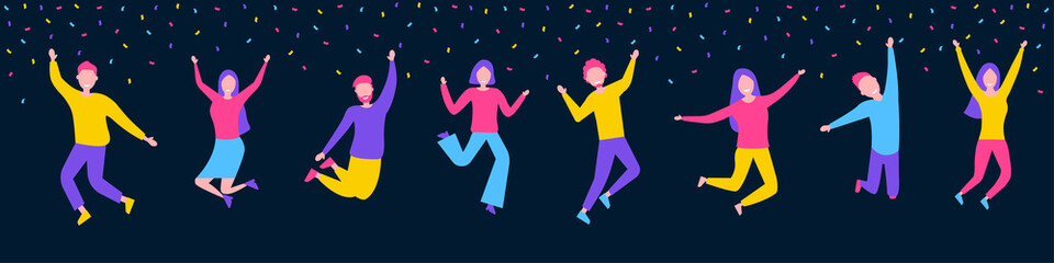 Fototapeta na wymiar A group of happy people is jumping. Party. A team of people celebrating victory and success. Flat style. Vector illustration.