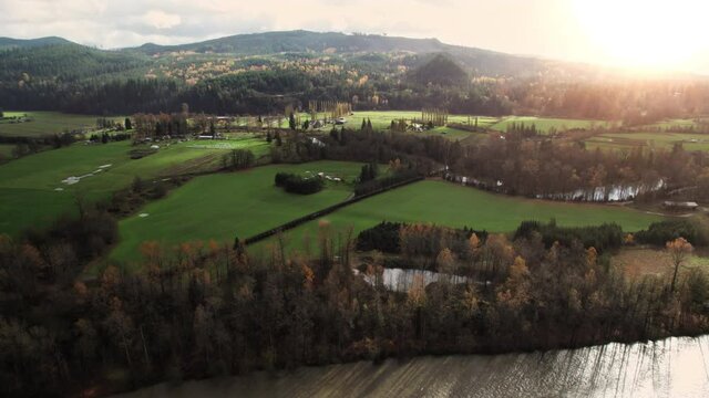 Aerial View of American Farmland in Fall Season Illuminated by Sunlight