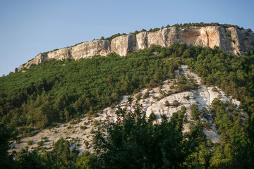 View of the cliffs of the mountain with trees growing on the slopes in the sunset light