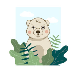 Cute animal poster. Small polar bear sitting in green grass and leaves. Wild kind character. Design element for postcards and wall decoration in children room. Cartoon flat vector illustration
