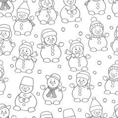 Seamless pattern with a set of snowmen, coloring page