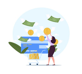 Bad habits concept. Shopaholic woman spends lot of money to buy clothes and unnecessary things. Lack of financial literacy. Female character addicted to shopping. Cartoon flat vector illustration