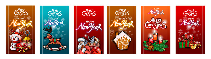 Collection greeting cards Christmas toys and Merry Christmas text flat vector banners. New year accessories on red, blue and custom background. Decorative toys, balls, Santa, snowman, cake, gift box