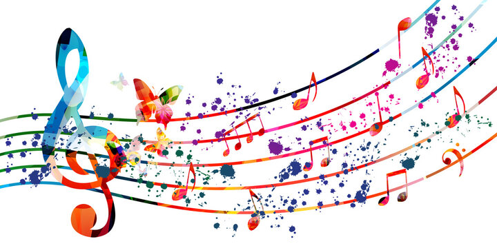 Colorful musical promotional poster with musical notes and butterflies isolated vector illustration. Artistic background with G-clef for live concert events, music festivals, shows, party flyer