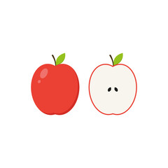 illustration of a red apple flat, fruit whole and in a cut, vector on a white background.Element, icon juicy fresh harvest of apples