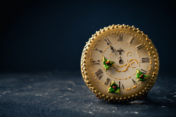 Christmas gingerbread cookie in the shape of vintage clock with golden icing on the dark concrete...