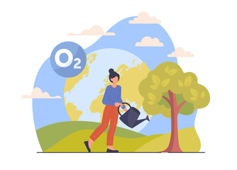 Lands conservation concept. Young woman stands against background of large planet and waters tree. Increase in oxygen in air. Taking care of plants and environment. Cartoon flat vector illustration