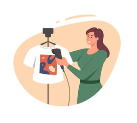 Clothing care concept. Young smiling woman holds steamer in her hands and smoothes her shirt on hanger. Female character prepares outfit. Smooth fabric. Cartoon contemporary flat vector illustration