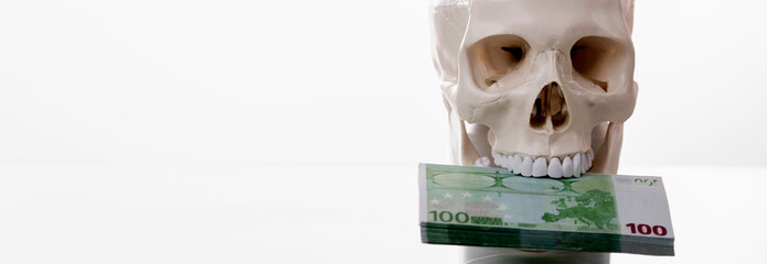 Business, wealth and greed concept. Human skull with money. Copy space.