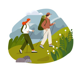 Couple camping concept. Young man and woman with sticks in their hands climb hill. Husband and wife relaxing in nature. Hiking in mountains. Travel or tourism. Cartoon flat vector illustration