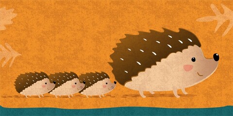 Autumn - family of hedgehogs - obrazy, fototapety, plakaty