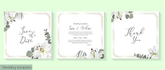 Fototapeta na wymiar Vector floral template for wedding invitation. White royal lilies, eucalyptus, green plants and leaves.