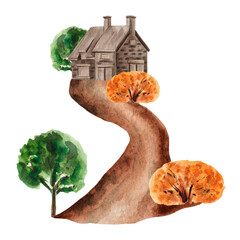 Farmhouse scenery: watercolor composition of stone building, trees, bushes, path. Autumn landscape design. Village house for postcards, posters, greeting cards, fall invites, calendars, stationery 