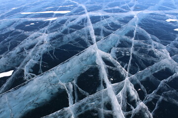 ice on Baikal lake in winter, snow landscape