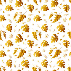 Golden leaves, zigzags, doodles and curls pattern for wrapping paper, covers and cards. Vector illustration. 