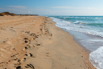 footprints in the sand ocean shore