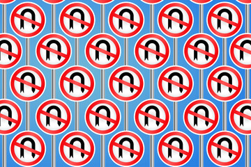 Road signages in seamless pattern. U-turn or no U-turn road signage for vehicles and transporation on highway