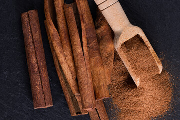 Cinnamon sticks and powder on dark background