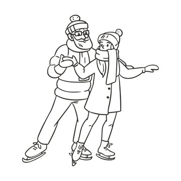 Couple of lovers man and woman skate on the rink or lake. Black and white image for tattoo or coloring or logo. Vector illustration in graphic style.