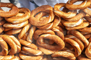 Turkish bagels SIMIT. Street trade in Istanbul. Landmarks of Turkey. 