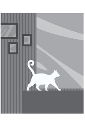Interior of the apartment. Mirror, pictures on the wall. White cat walks on the furniture. Vector image for prints, poster and illustrations.