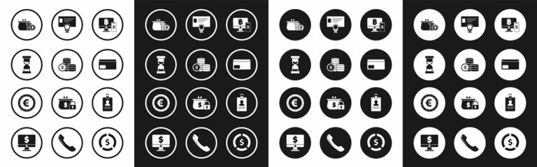 Set Computer monitor with mobile phone and bitcoin, Old hourglass flowing sand, Wallet coins, Envelope, Certificate template, Identification badge and Coin money euro symbol icon. Vector