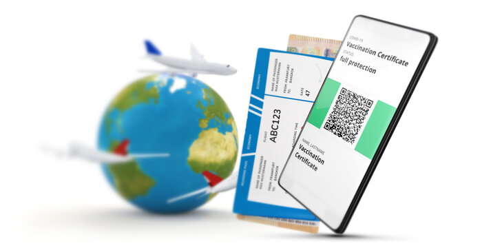 planet earth with airplanes and flight tickets and QR code sample data Covid-19 vaccinated, Vaccination certificate mobile phone 3d-illustration. elements of this image furnished by NASA