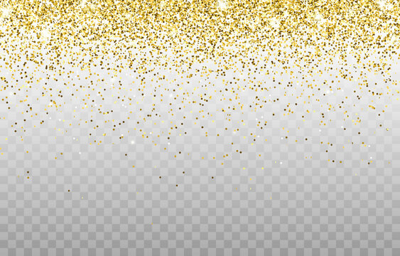 Gold glitter confetti, shining dusty gold particles. Golden abstract particles. Festive Christmas background for decorating, congratulations, postcard, flyer. Vector illustration isolated on png.