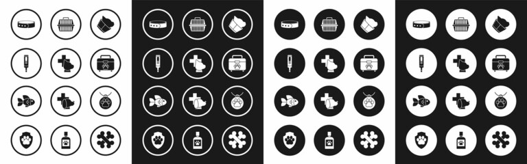 Set Veterinary clinic symbol, Medical digital thermometer, Collar with name tag, Pet first aid kit, carry case, and Fish icon. Vector