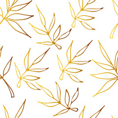 Fototapeta na wymiar Golden bamboo leaves pattern. Doodle style. Vector illustration for textiles, wallpaper, postcards, notebook covers and wrapping.