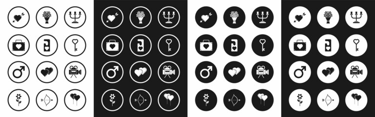 Set Candlestick, Please do not disturb with heart, Suitcase for travel, Amour symbol arrow, Key in shape, Bouquet of flowers, Cinema camera and Male gender icon. Vector