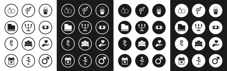 Set Flowers in a basket, Candlestick, Grand piano, Wedding rings, Two coffee cup heart, Gender, Heart on hand and icon. Vector