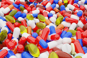 Fototapeta na wymiar Many medical pills and tablets, realistic 3d Rendering, large amount of medicine supply