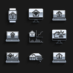 Set Smart home with wi-fi, Laptop house temperature, Computer monitor smart and alarm, light bulb and watch icon. Vector