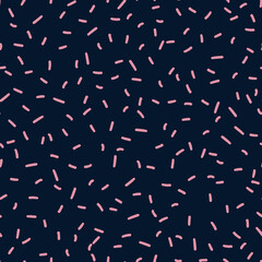 Random placed vector strokes seamless repeat pattern. Short lines all over minimal print on dark blue background.