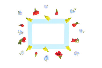Round wreath frame pattern with spring flowers, with buds, branches and leaves isolated on a white background. flat bookmark, top view. Tiny Multicolored Flowers Arranged with Space for text.