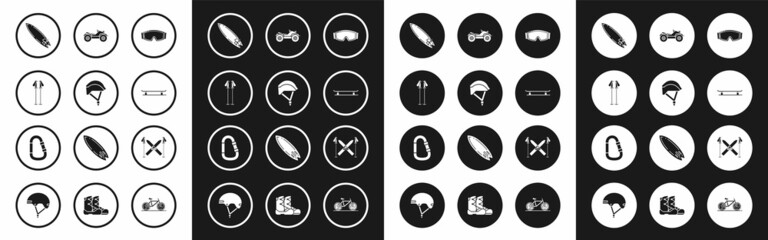 Set Ski goggles, Bicycle helmet, poles, Surfboard, Skateboard, All Terrain Vehicle or ATV motorcycle, and sticks and Carabiner icon. Vector