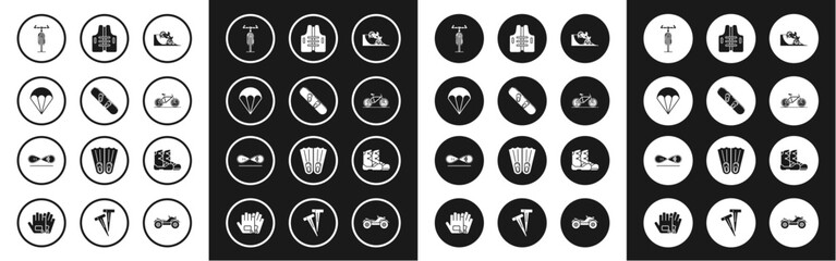 Set Bicycle on street ramp, Snowboard, Parachute, Life jacket, Boots and Skateboard trick icon. Vector