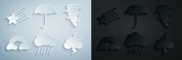Set Cloud with rain, Tornado, Rainbow clouds, Storm, Classic elegant opened umbrella and Falling star icon. Vector