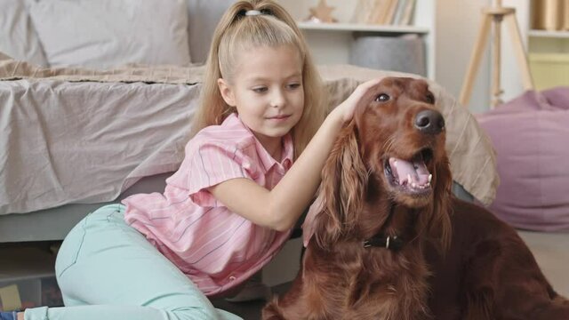 Slowmo shot of pretty little girl hugging her cute Irish setter dog lying together on floor next to bed in cozy bedroom