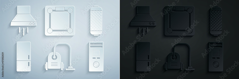 Sticker Set Vacuum cleaner, Stereo speaker, Refrigerator, Remote control, Bathroom scales and Kitchen extractor fan icon. Vector