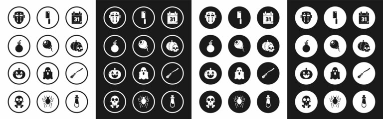 Set Calendar with Halloween date 31 october, Eye, Bomb ready explode, Hockey mask, Pumpkin and skull, Meat chopper, Witches broom and icon. Vector