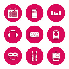 Set DJ remote for playing and mixing music, Birthday cake candles, Photo camera, Beer, Festive mask, Headphones, Home stereo with two speakers and Detailed calendar icon. Vector