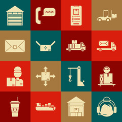 Set Support operator in touch, Scale with cardboard box, Post truck, Mobile phone app delivery tracking, Cardboard traffic symbol, Envelope, Closed warehouse and Delivery boxes icon. Vector