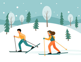 Man and woman are skiing in the natural park. Winter sport. Snowy landscape with trees. Vector flat illustration.