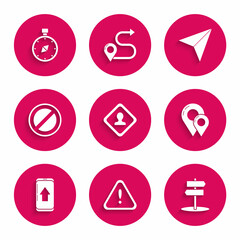Set Road traffic sign, Exclamation mark in triangle, Map pin, Infographic of city map navigation, Stop, Paper airplane and Compass icon. Vector
