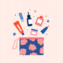 Skincare in cosmetics bag. Beauty products. Vector
