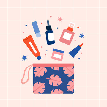 Skincare in cosmetics bag. Beauty products. Vector